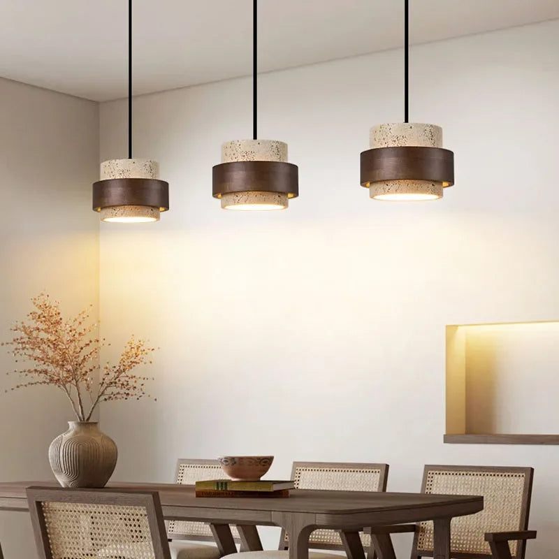 Lumostone | Pendellampa i natursten och trä med justerbar sladd – modern stil