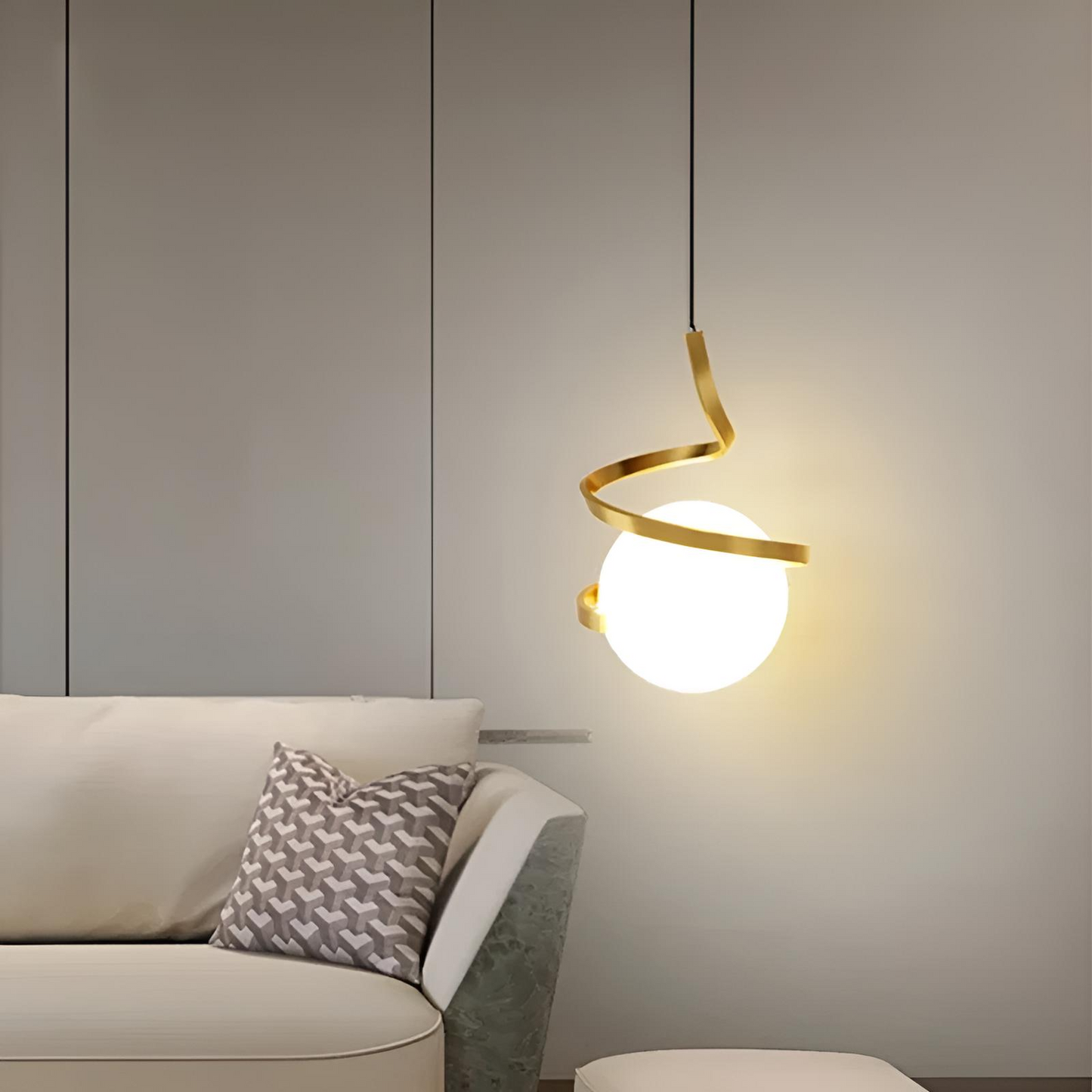 Nordisk LED pendellampa med glasglob och spiraldesign för sovrum kök