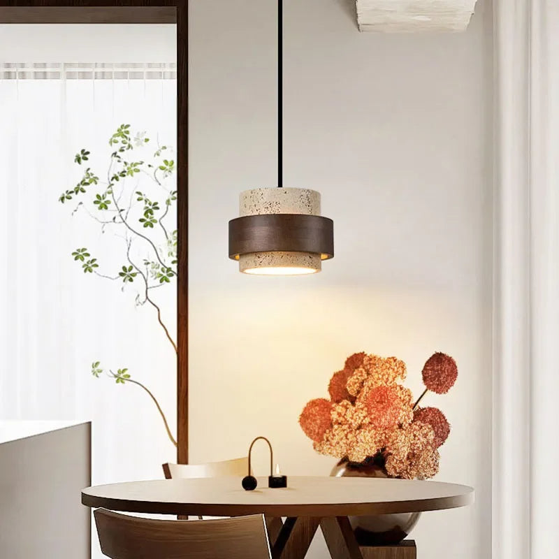 Lumostone | Pendellampa i natursten och trä med justerbar sladd – modern stil