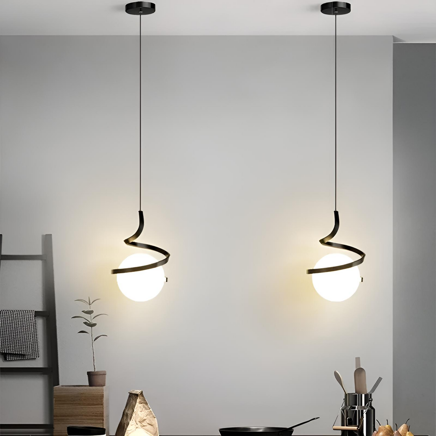 Nordisk LED pendellampa med glasglob och spiraldesign för sovrum kök