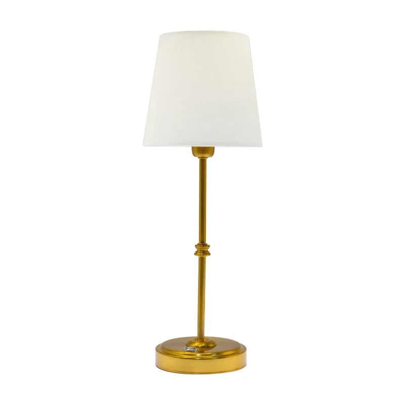 Trådlös bordslampa i guld mässing med tygskärm uppladdningsbar LED