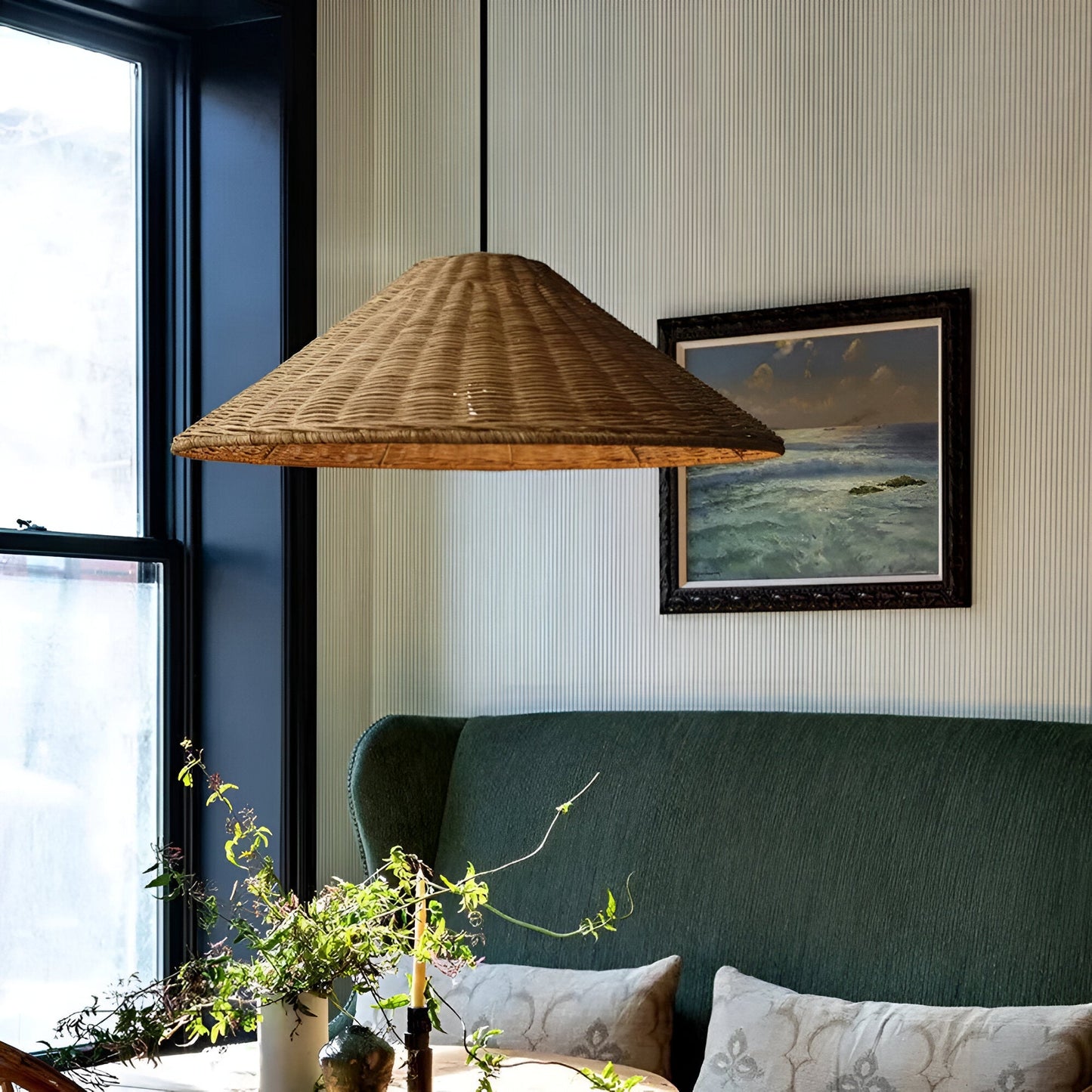 Handgjord rottinglampa i boho och japandi stil för kök vardagsrum matsal