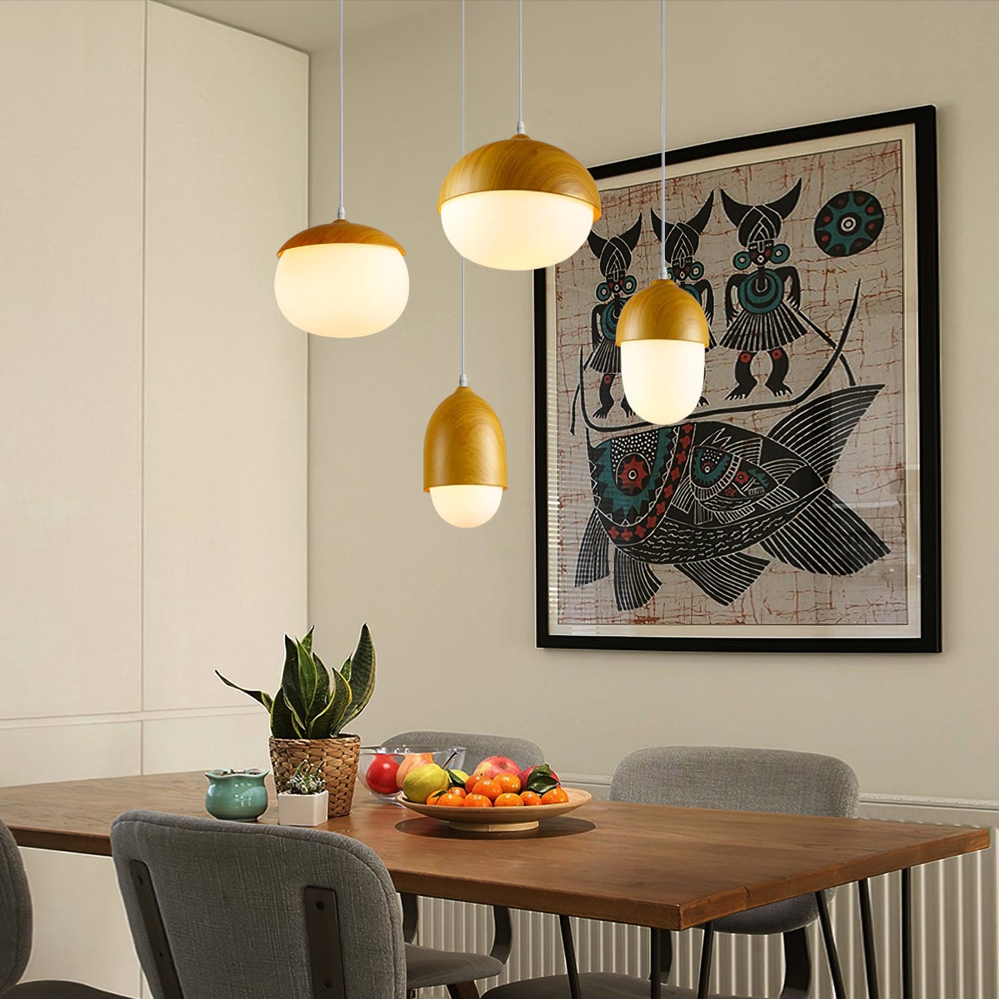 Modern taklampa i frostat glas och träfinish med justerbar höjd för kök matsal vardagsrum