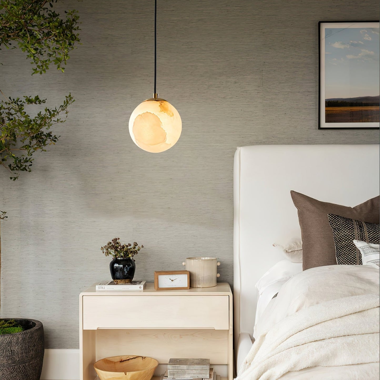 Exklusiv Marmorpendel i Koppar – Rund LED Taklampa för Matsal och Sovrum
