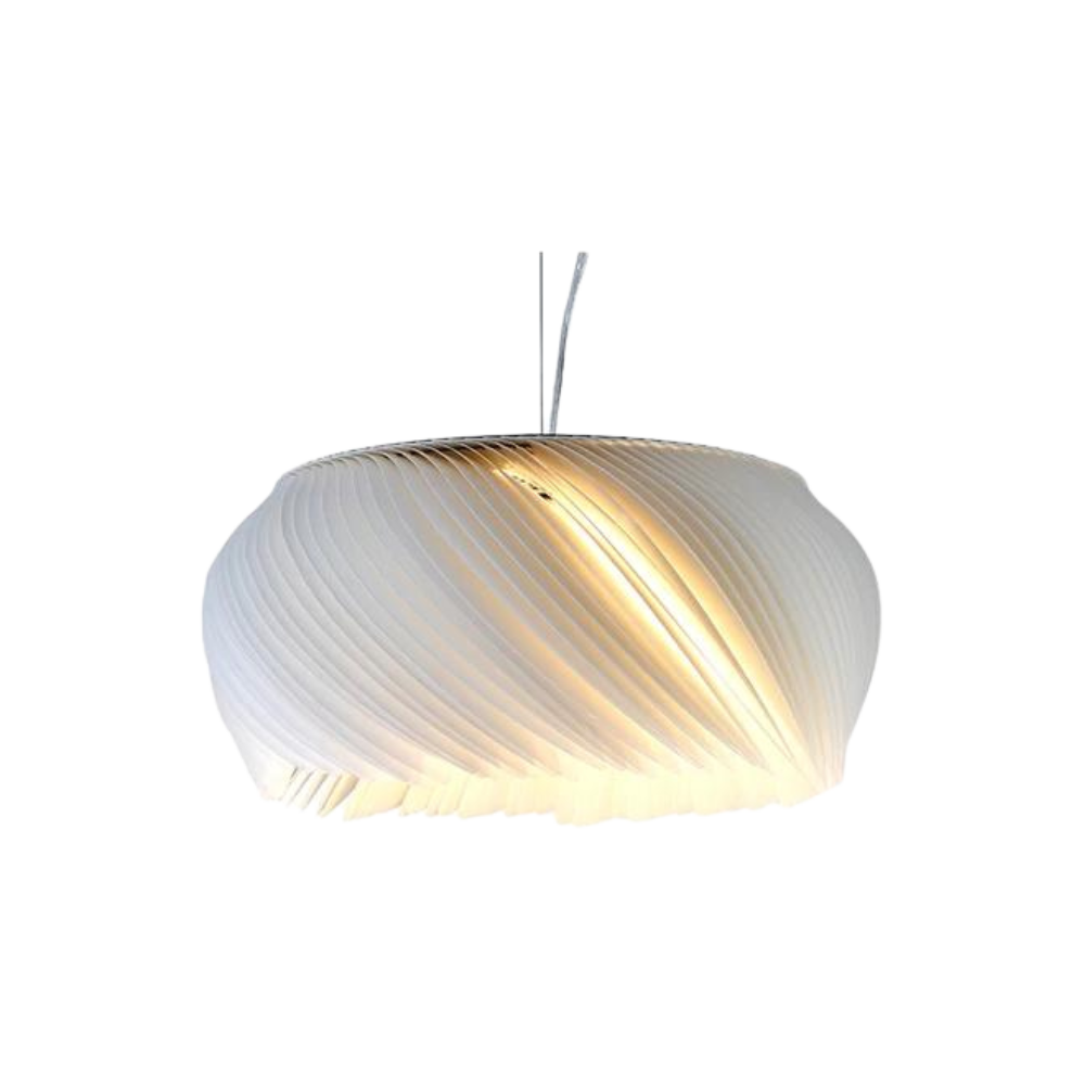 Modern LED-pendel i papperslook med skulptural vågform för vardagsrum