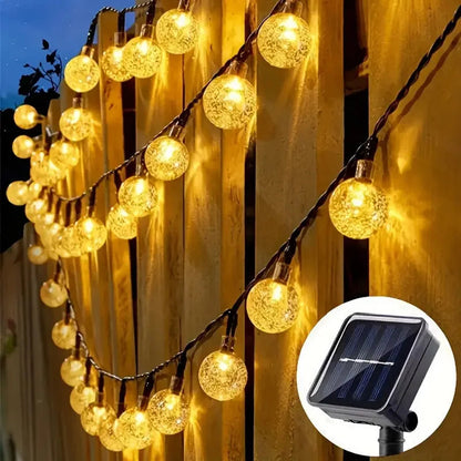 Solarglow | Solcellsdriven ljusslinga med kristallkulor – 8 lägen vattentät utebelysning
