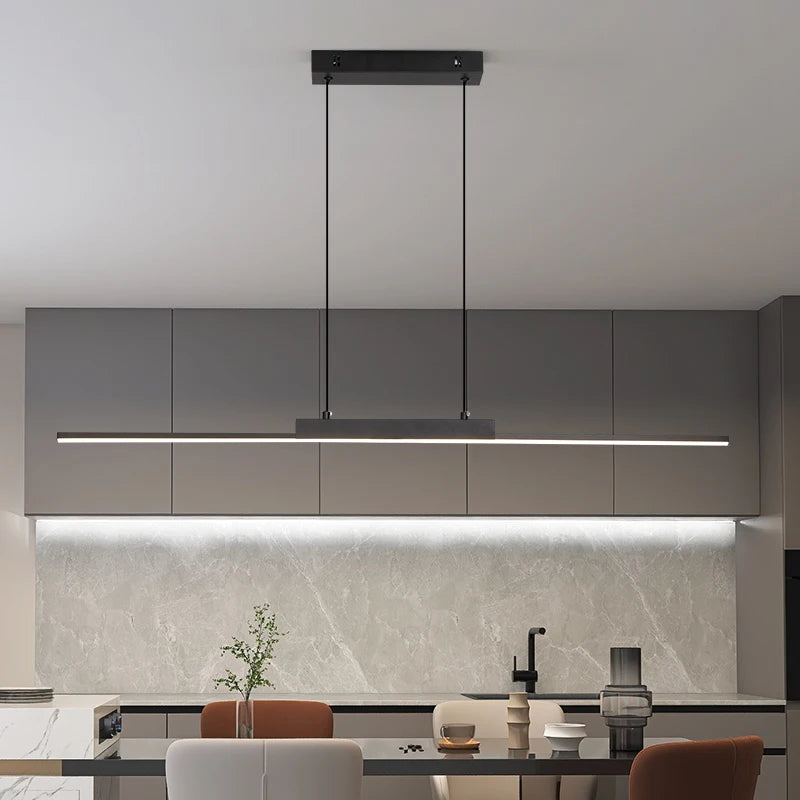 Modern lång LED takpendel i svart aluminium för kök matsal vardagsrum