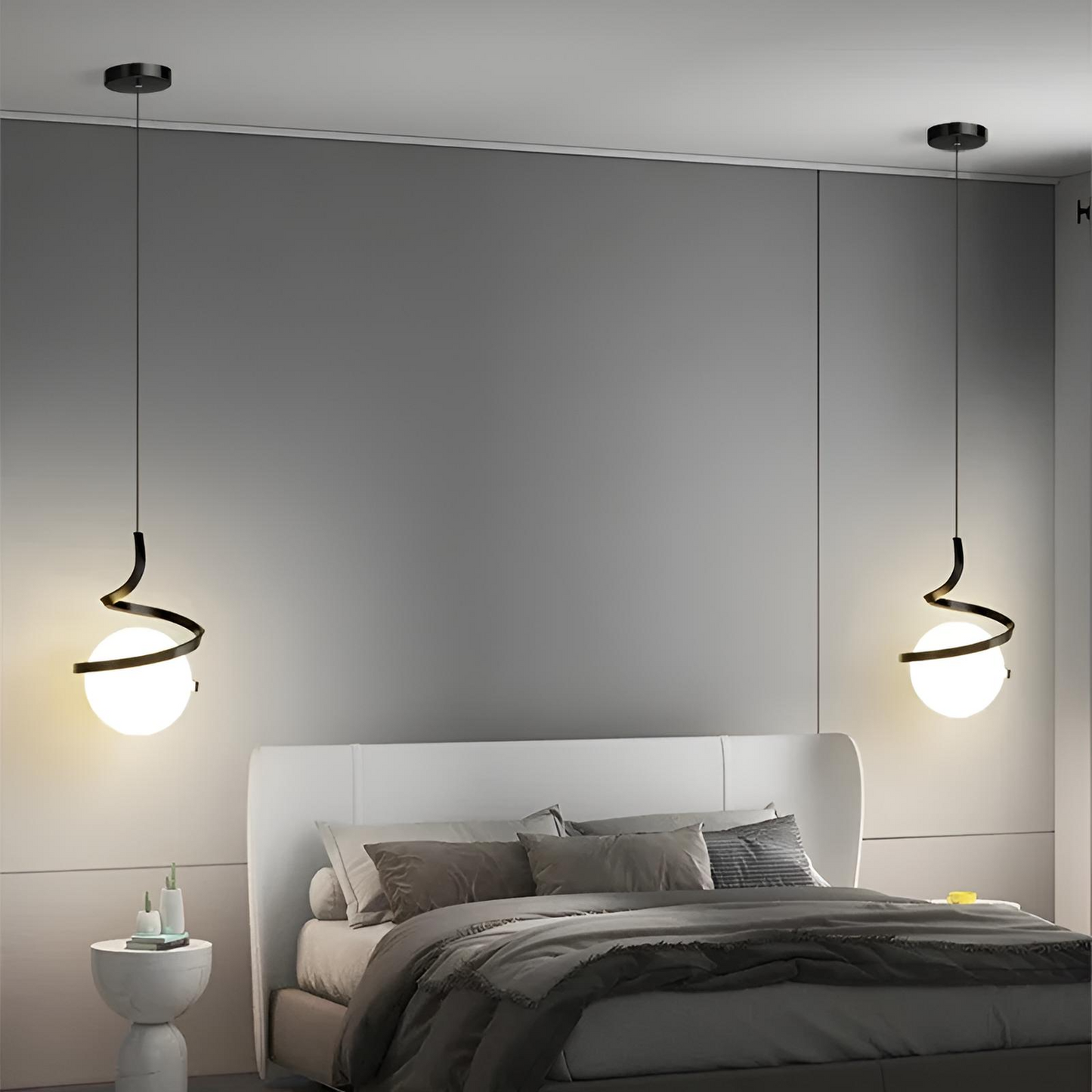 Nordisk LED pendellampa med glasglob och spiraldesign för sovrum kök