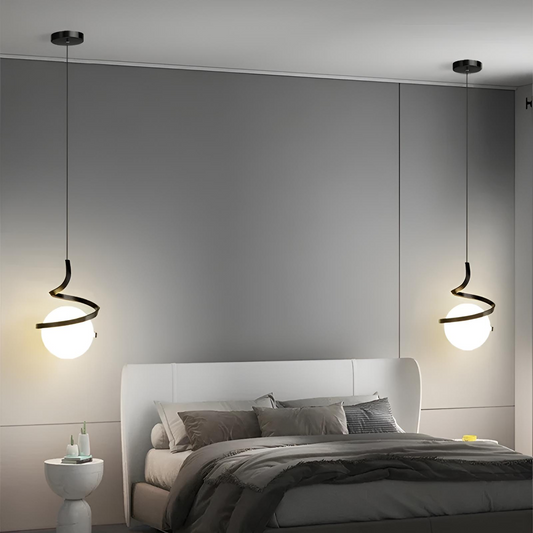 Nordisk LED pendellampa med glasglob och spiraldesign för sovrum kök