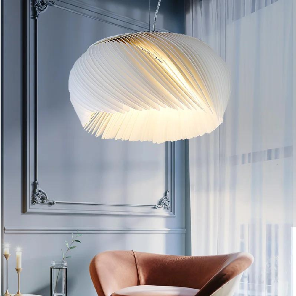 Modern LED-pendel i papperslook med skulptural vågform för vardagsrum