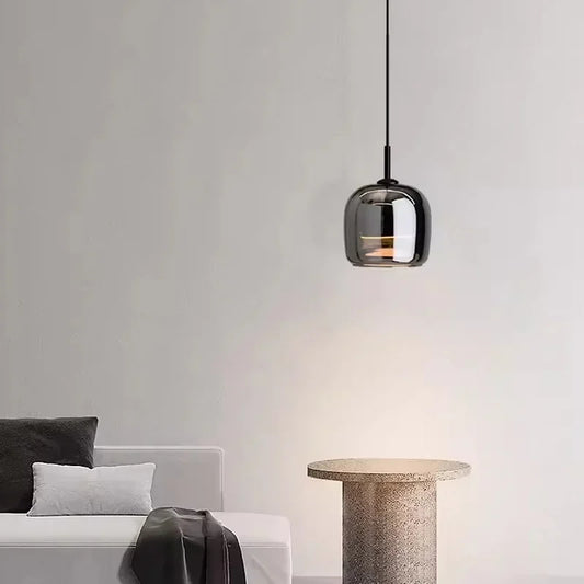 Nordisk glas pendellampa i grå ton med dimbar LED för vardagsrum sovrum matsal