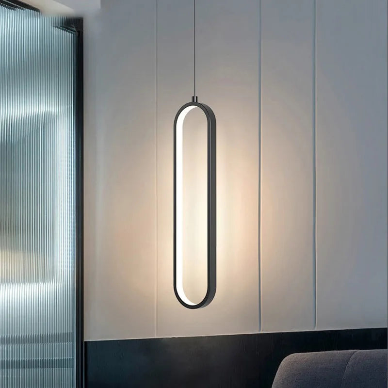 Minimalistisk svart LED pendellampa oval design för sovrum vardagsrum