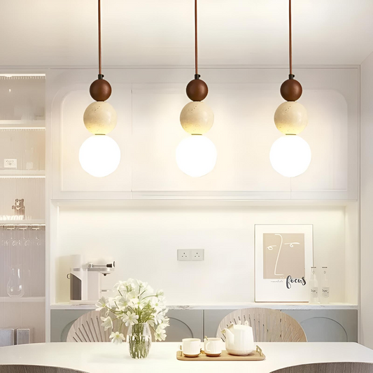 Modern pendellampa i trä och sten med glob för sovrum matsal restaurang