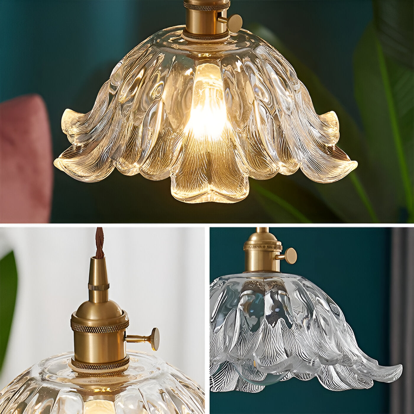 Fransk retro blomformad glaspendel i koppar med justerbar höjd 150 cm