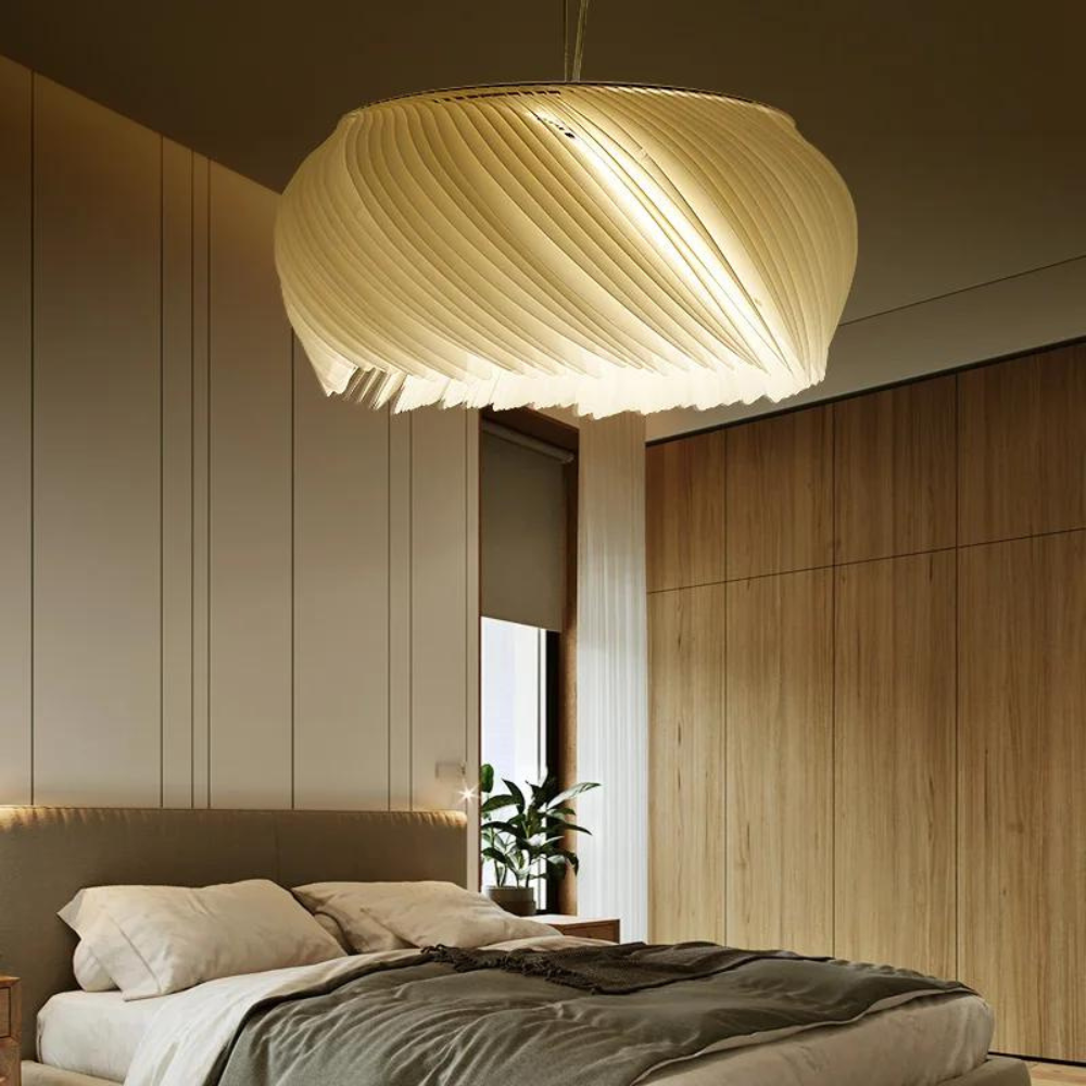 Modern LED-pendel i papperslook med skulptural vågform för vardagsrum
