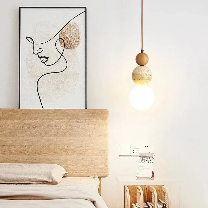 Modern pendellampa i trä och sten med glob för sovrum matsal restaurang