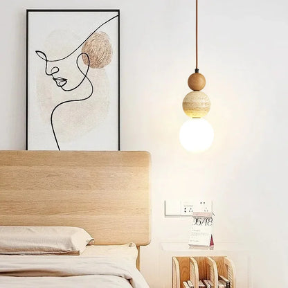 Modern pendellampa i trä och sten med glob för sovrum matsal restaurang