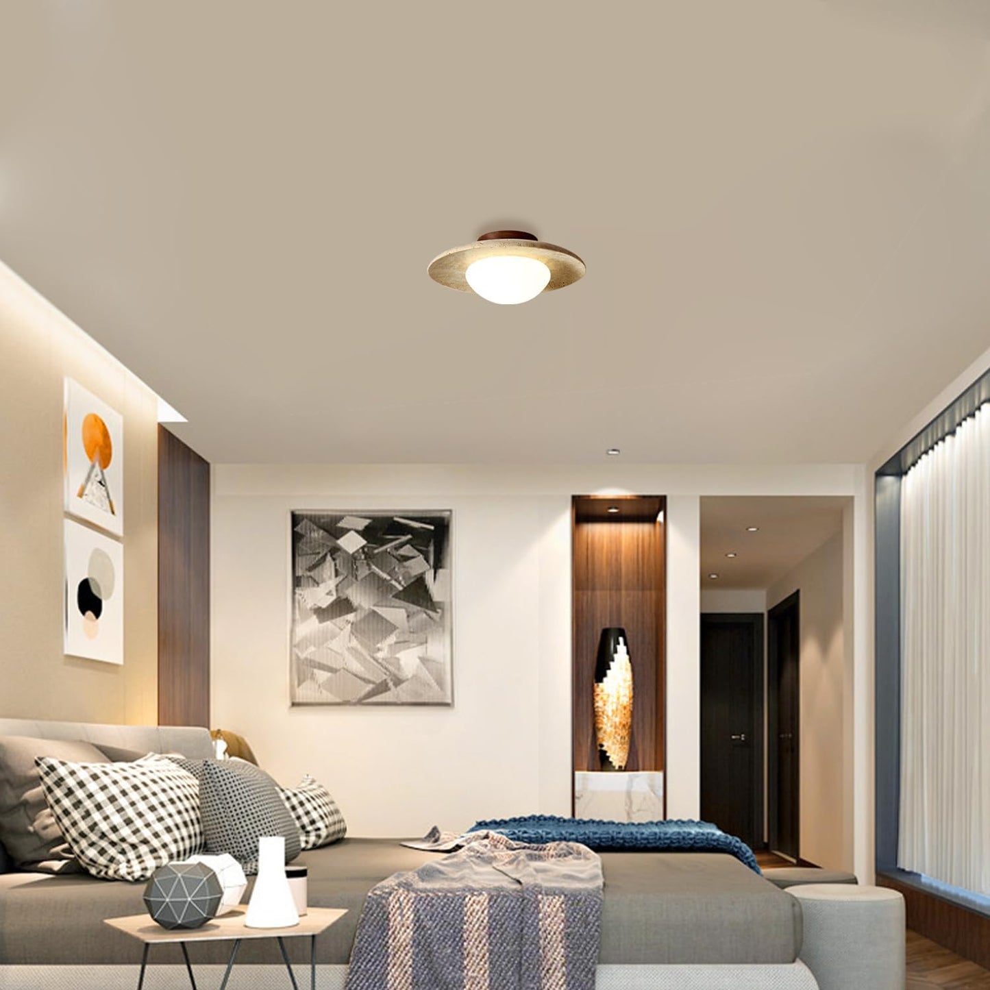 LED Taklampa i Gult Travertin – Nordisk Plafond i Naturlig Sten för Korridor och Hall