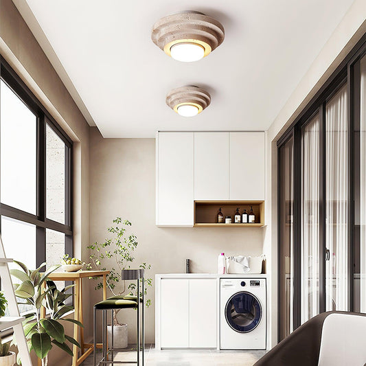 Travertin Taklampa i Natursten – Modern Plafond i Beige Marmor med LED Belysning för Vardagsrum, Sovrum och Hall