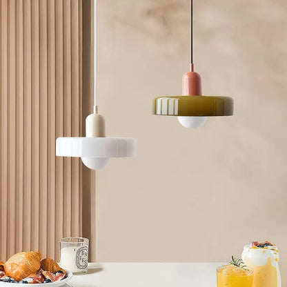 Pendellampa i färgat glas med cylinderform och justerbar höjd