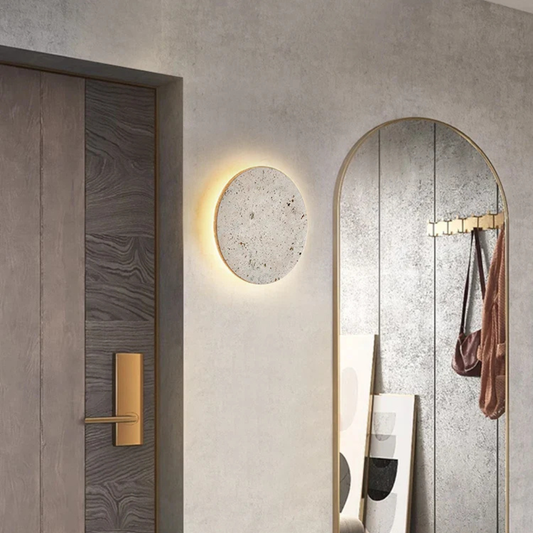 Rund vägglampa i natursten med varm LED-belysning för sovrum och vardagsrum