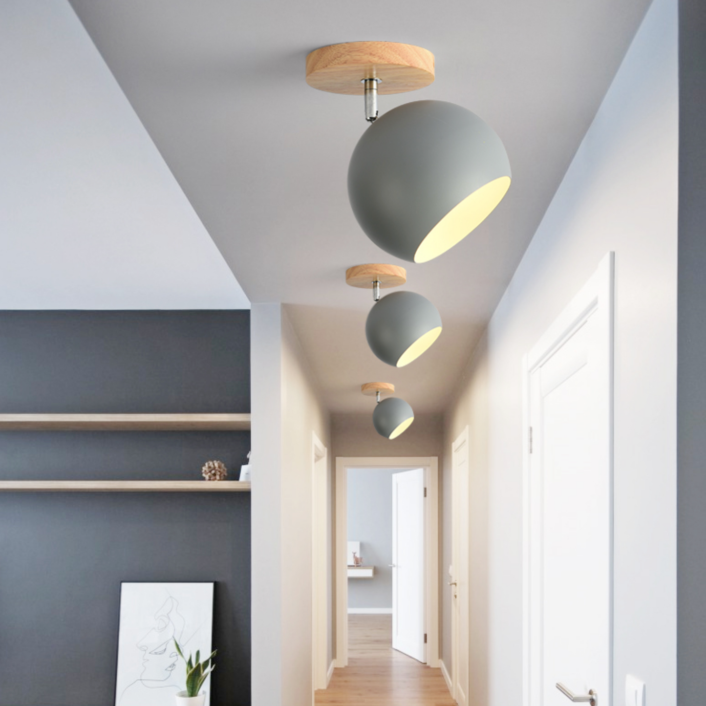 Vägglampa LED i trä och metall med justerbar bollformad design