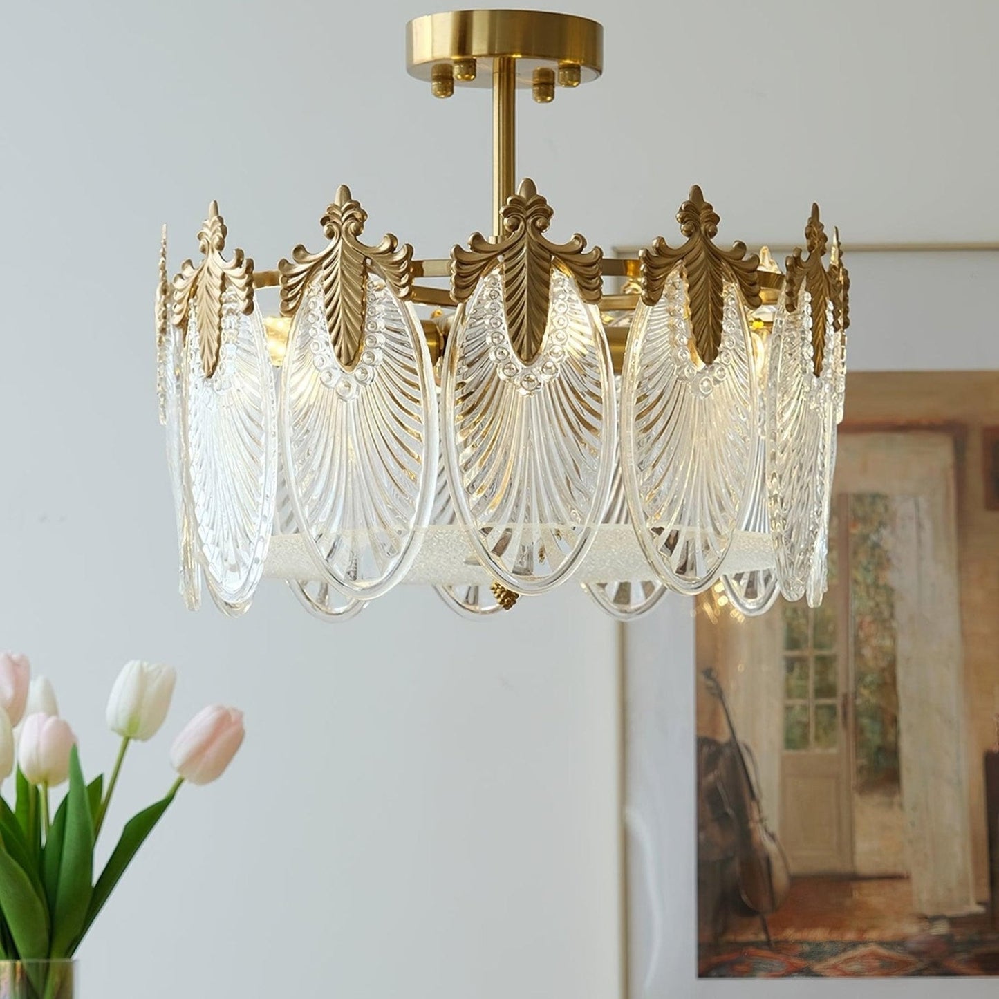 Blomformad glastaklampa i retrostil – lyxig koppar plafond för vardagsrum, matsal och