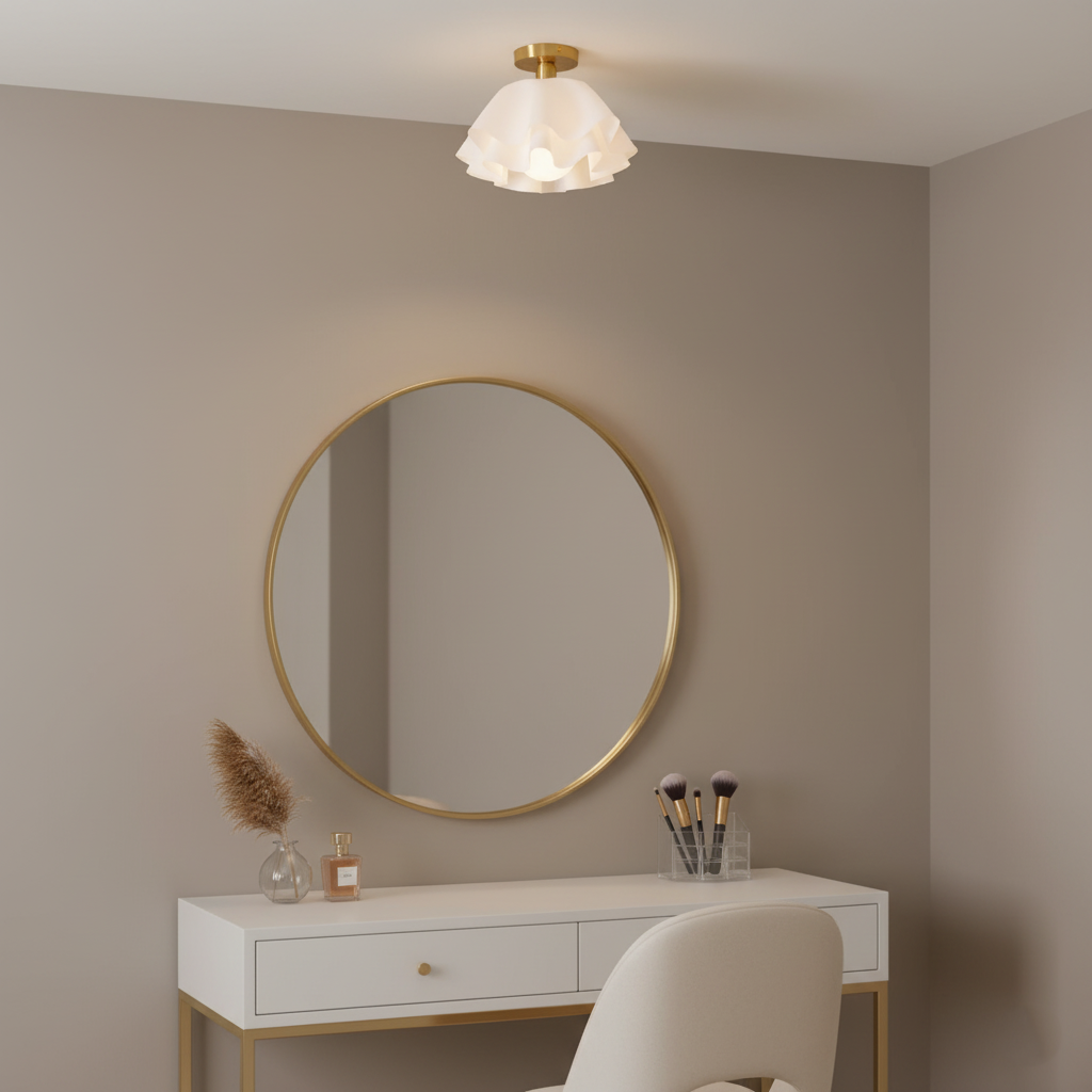 Plisserad taklampa i mässing och vit akryl – modern plafond för vardagsrum, sovrum och matsal