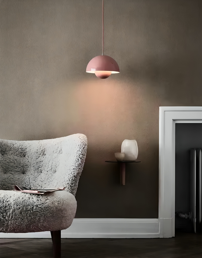 Dansk design taklampa med blomformad halvcirkelskärm och varm LED belysning för kök matsal och vardagsrum