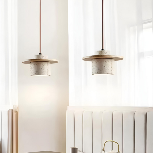 Modern pendellampa i sten och trä för sovrum, matsal och vardagsrum
