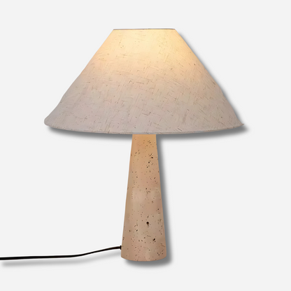 Tavra | Travertin bordslampa med linneskärm och varmt stämningsfullt ljus