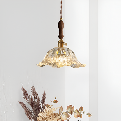 Fransk retro blomformad glaspendel i koppar med justerbar höjd 150 cm