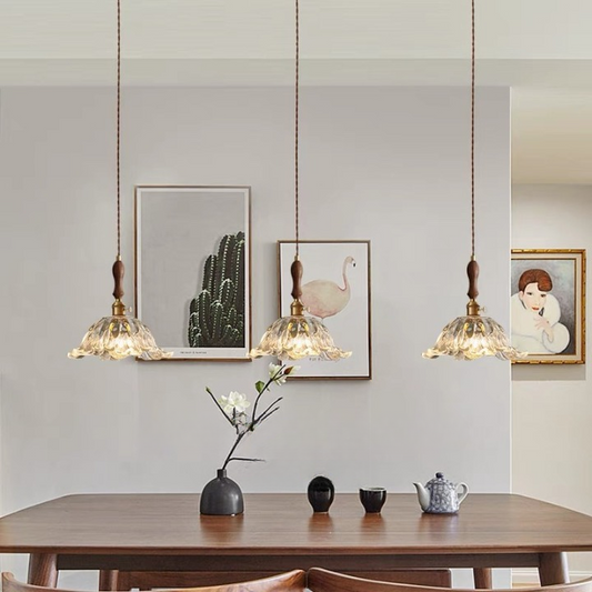 Fransk retro blomformad glaspendel i koppar med justerbar höjd 150 cm