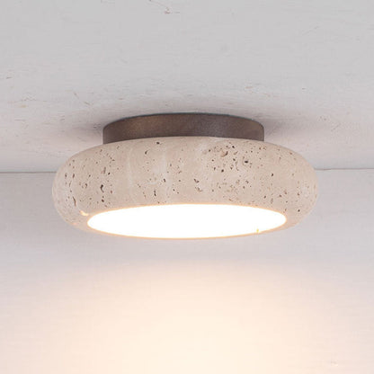 LED Taklampa i Gult Travertin och Trä – Retro Plafond i Naturlig Sten