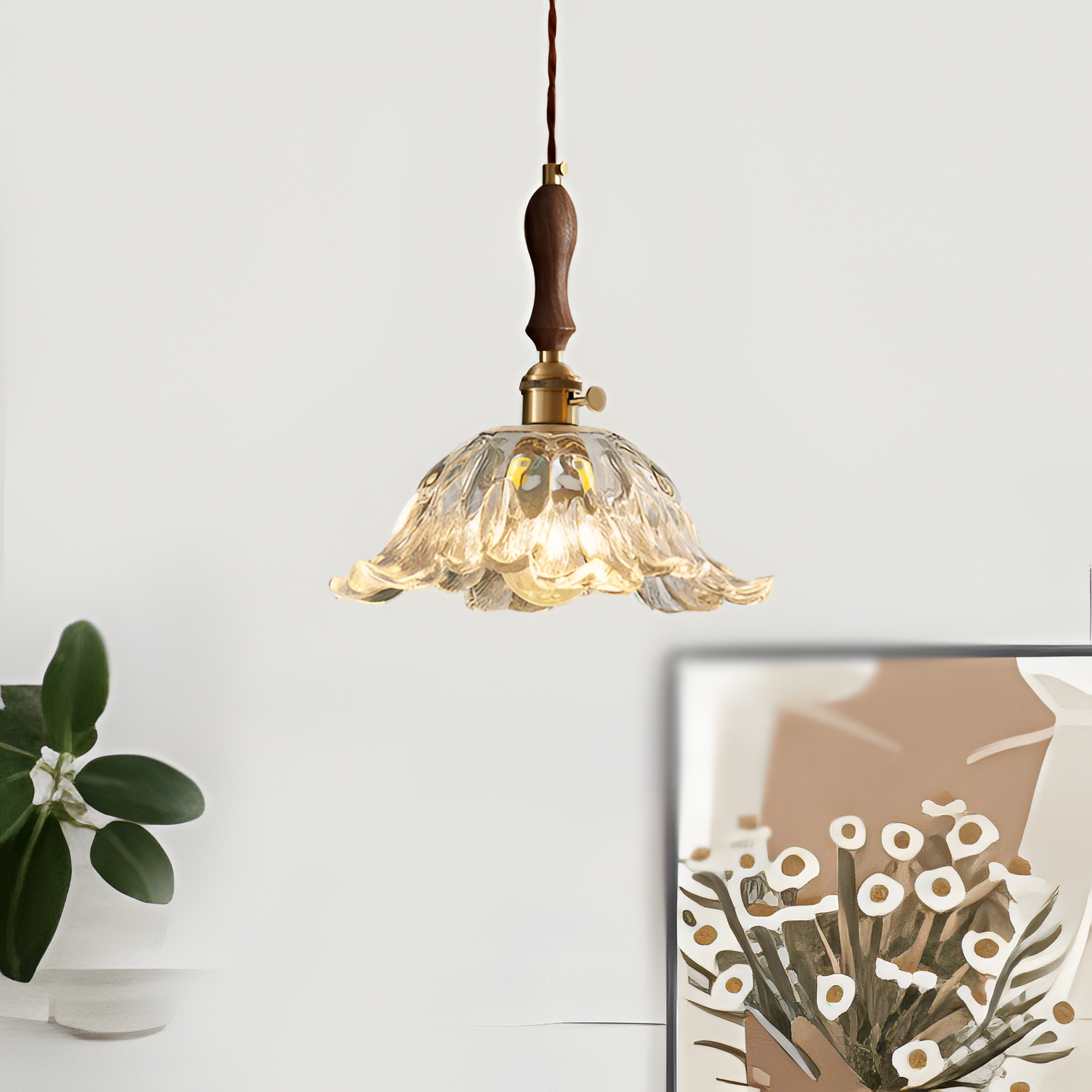 Fransk retro blomformad glaspendel i koppar med justerbar höjd 150 cm