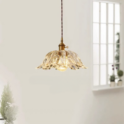 Fransk retro blomformad glaspendel i koppar med justerbar höjd 150 cm