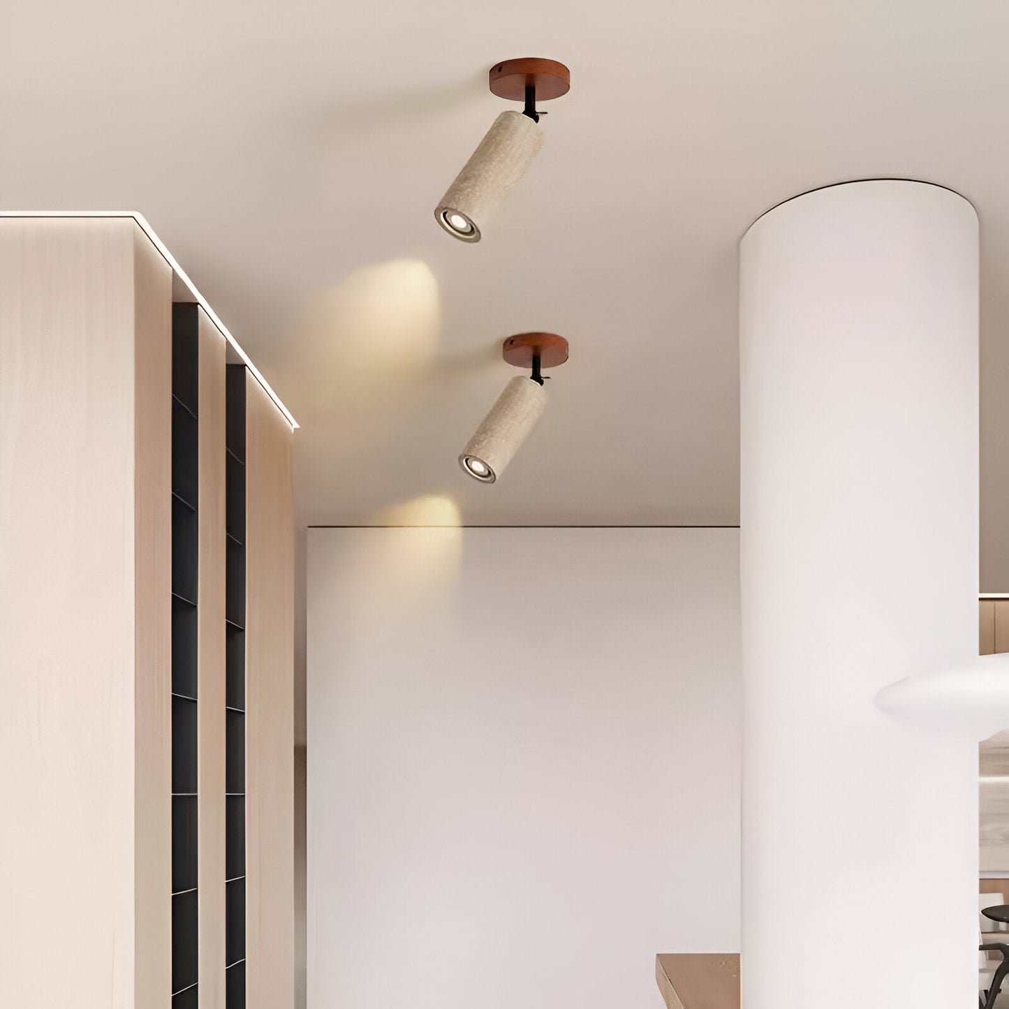 Justerbar Vägglampa i Travertin och Trä – Retro LED Lampa med Naturlig Design för Vägg eller Tak