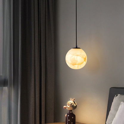 Exklusiv Marmorpendel i Koppar – Rund LED Taklampa för Matsal och Sovrum