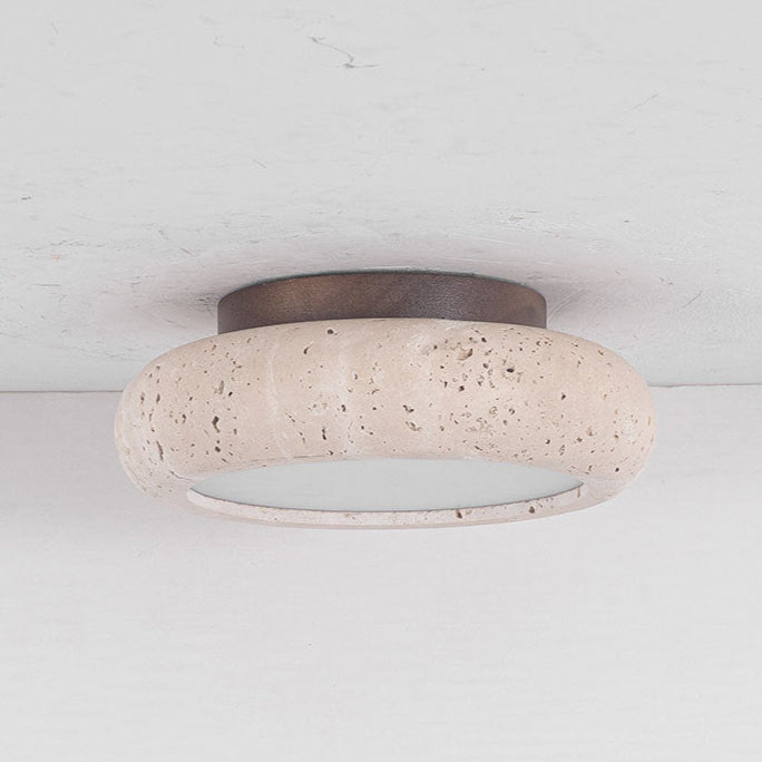 LED Taklampa i Gult Travertin och Trä – Retro Plafond i Naturlig Sten