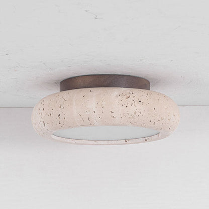 LED Taklampa i Gult Travertin och Trä – Retro Plafond i Naturlig Sten