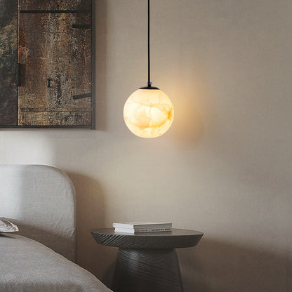 Exklusiv Marmorpendel i Koppar – Rund LED Taklampa för Matsal och Sovrum