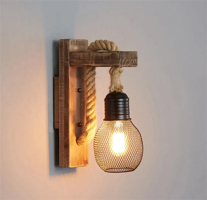 Vägglampa i trä och rep – vintage industriell design för sovrum, vardagsrum och hall