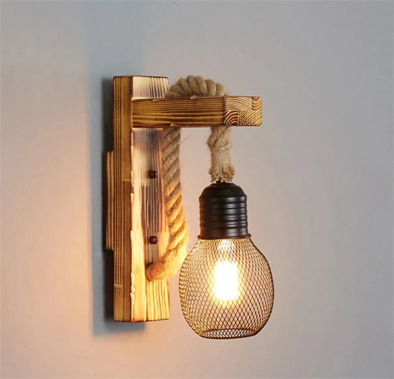 Vägglampa i trä och rep – vintage industriell design för sovrum, vardagsrum och hall