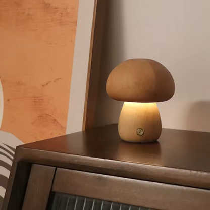 Myko | Trä nattlampa i svampdesign med frostat glas och dimbar touchfunktion