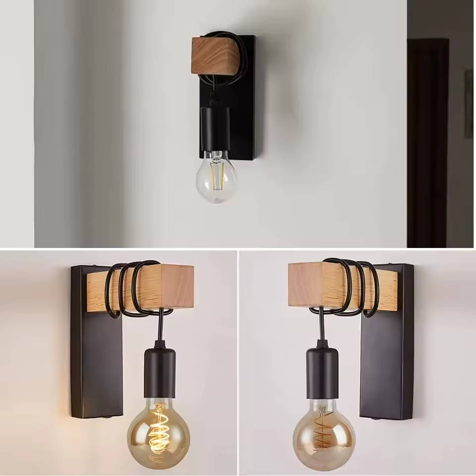Lunor | Vägglampa i trä och järn med retro design och dekorativ stil