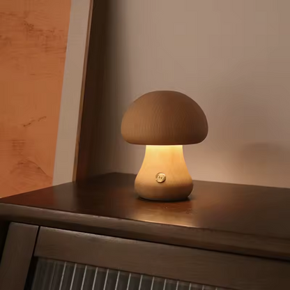 Myko | Trä nattlampa i svampdesign med frostat glas och dimbar touchfunktion
