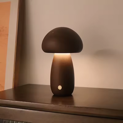 Myko | Trä nattlampa i svampdesign med frostat glas och dimbar touchfunktion