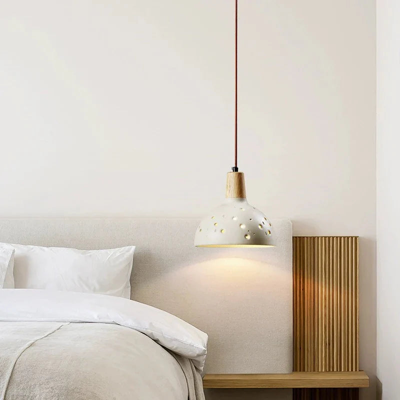 Modern rund cementtaklampa med trädetalj och LED för kök sovrum vardagsrum