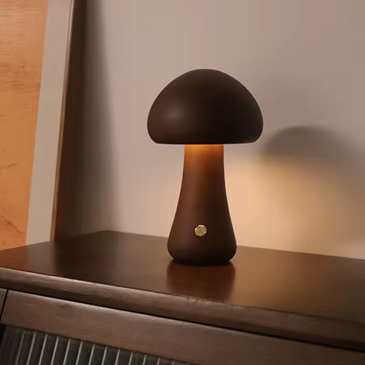 Myko | Trä nattlampa i svampdesign med frostat glas och dimbar touchfunktion