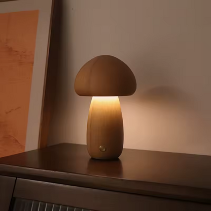 Myko | Trä nattlampa i svampdesign med frostat glas och dimbar touchfunktion